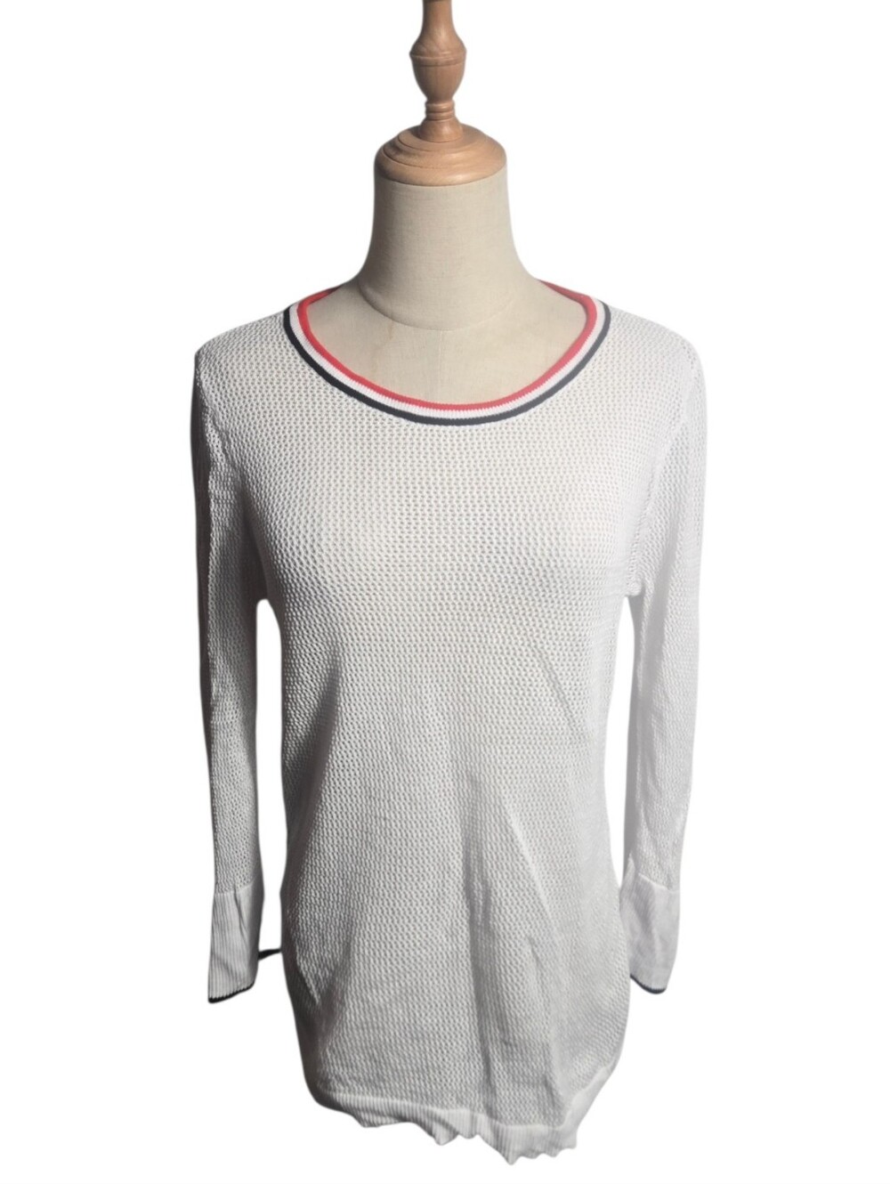 Tribal White Knit Mesh Nautical Open Knit Sweater with Red & Black